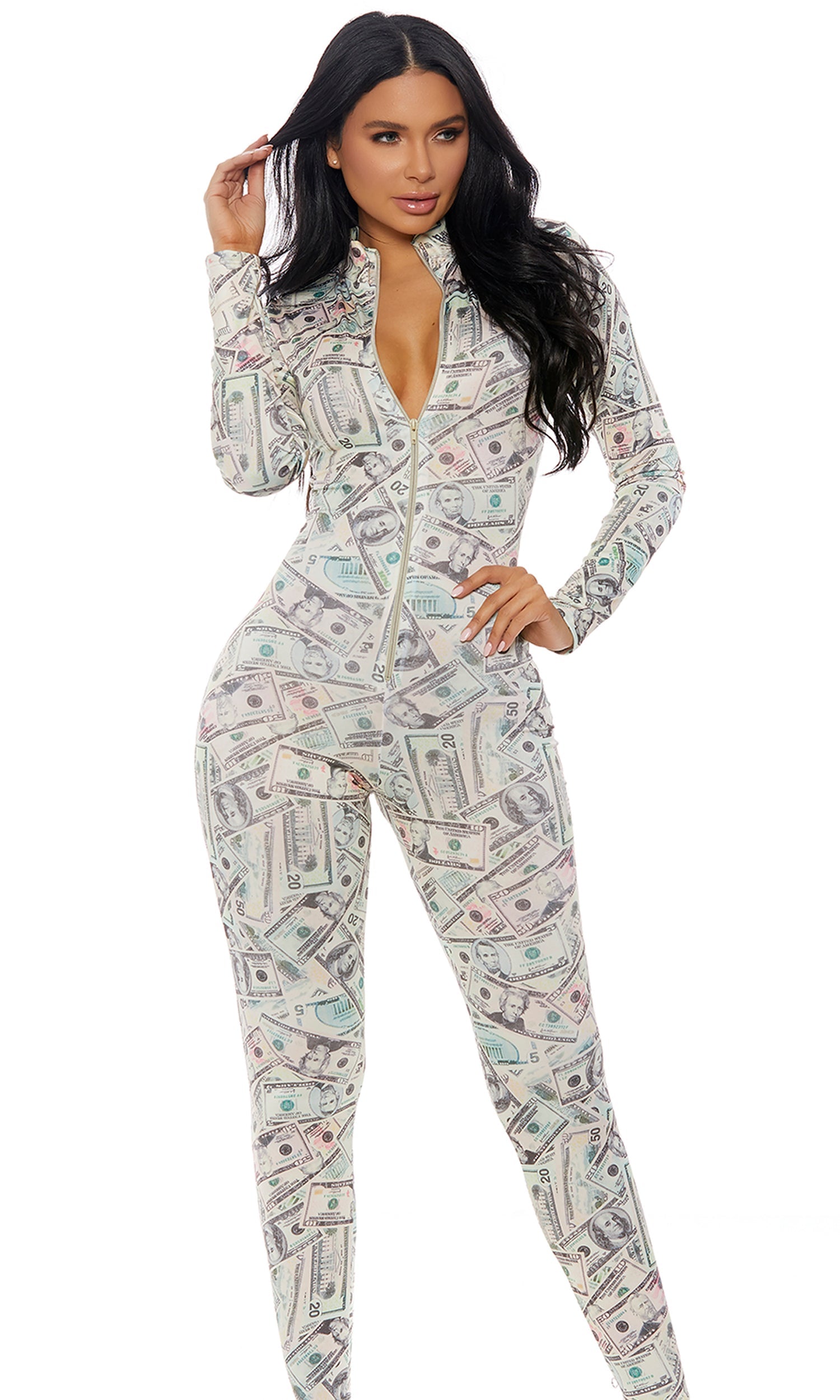 Zipfront Money Print Jumpsuit by Forplay Forplay Catalog